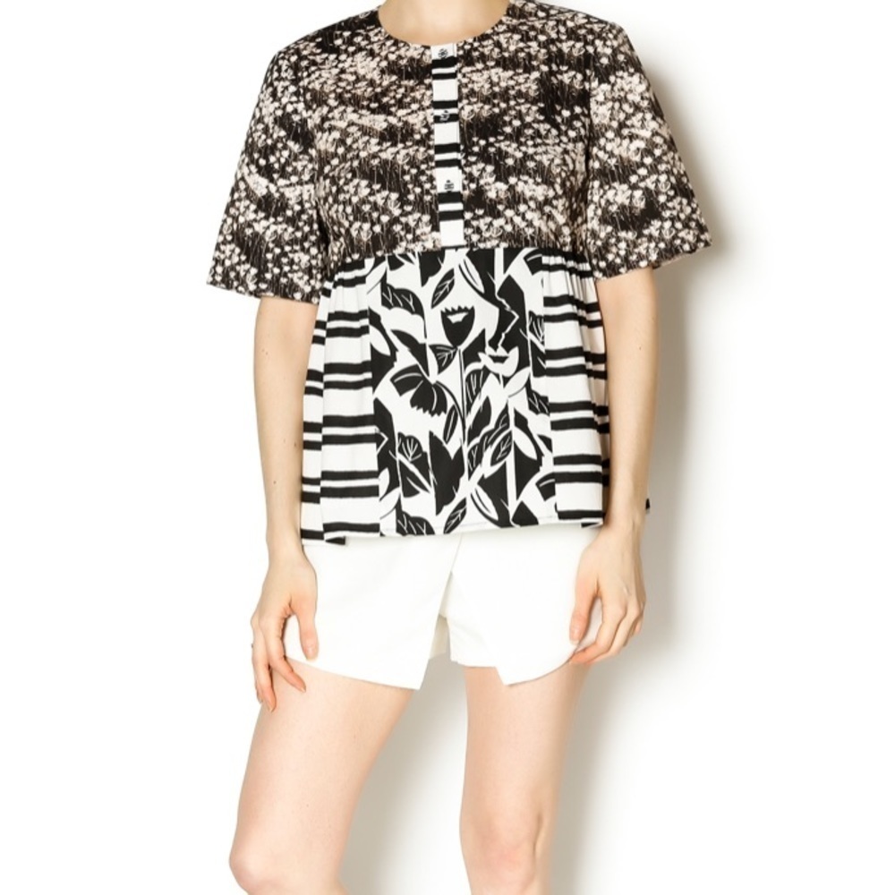 Suno Mixed Pattern Peplum Babydoll Popover Top Short Sleeve Cotton 2 - Picture 6 of 7